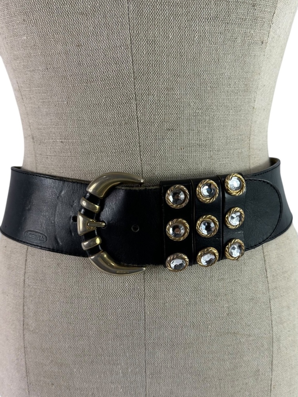 Vintage ROBINIA Black Leather Wide & Gold Buckle Rhinestone Accent Belt 30